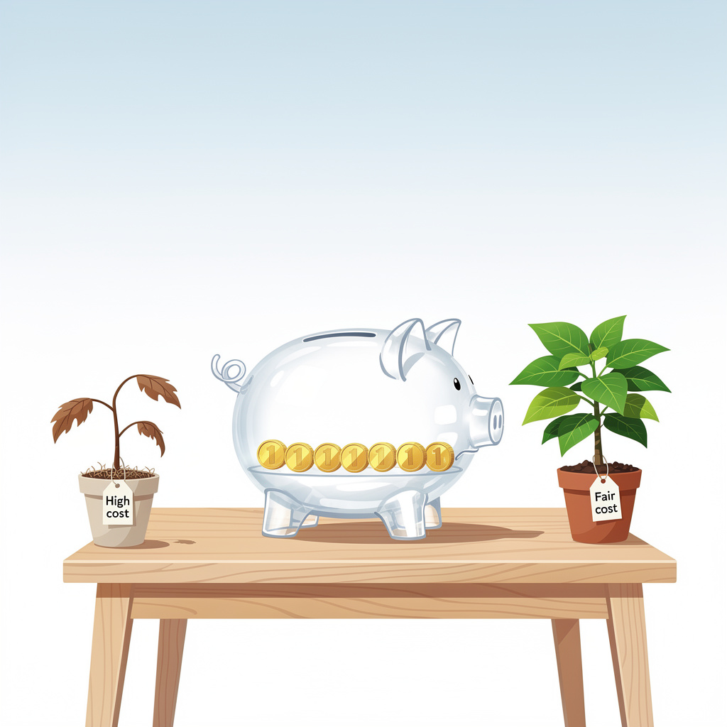 Минималистичная сцена с прозрачной копилкой, символизирующей займ без переплат, и двумя растениями, показывающими преимущества и недостатки.