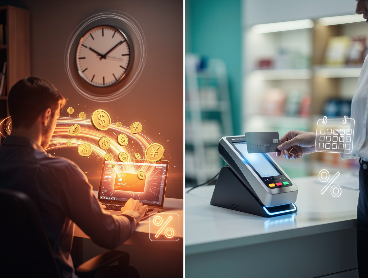 Иллюстрация двух финансовых альтернатив: микрозаймы с быстрым онлайн-процессом и кредитные карты для удобных покупок.