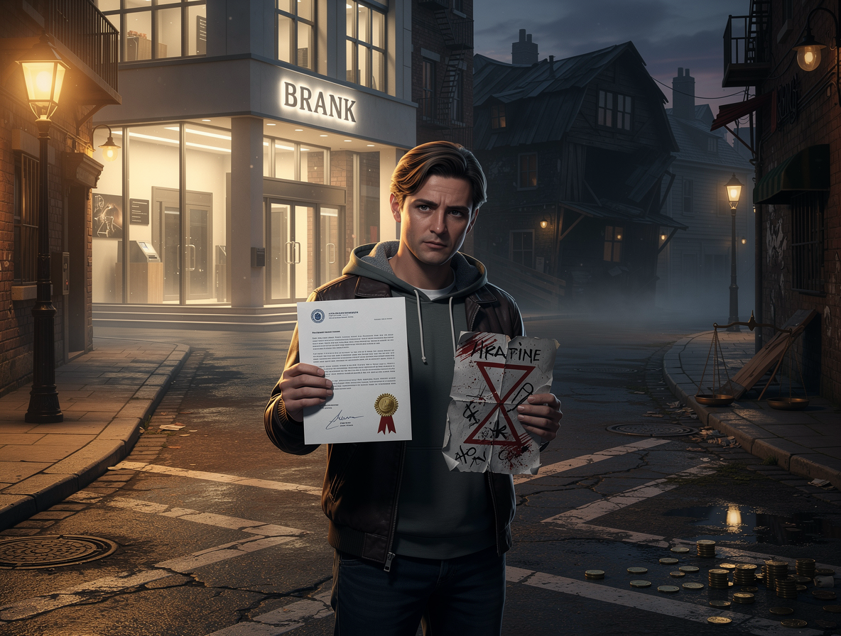 Человек на перепутье выбирает между безопасным и рискованным путём оформления кредита.