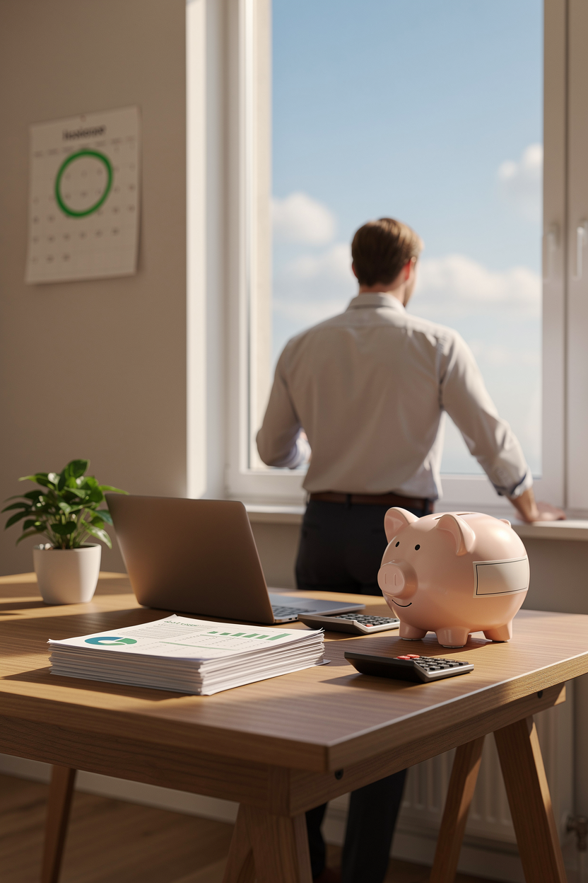 Организованный домашний офис с финансовыми документами и символами экономии, передающий спокойствие и готовность к займу.