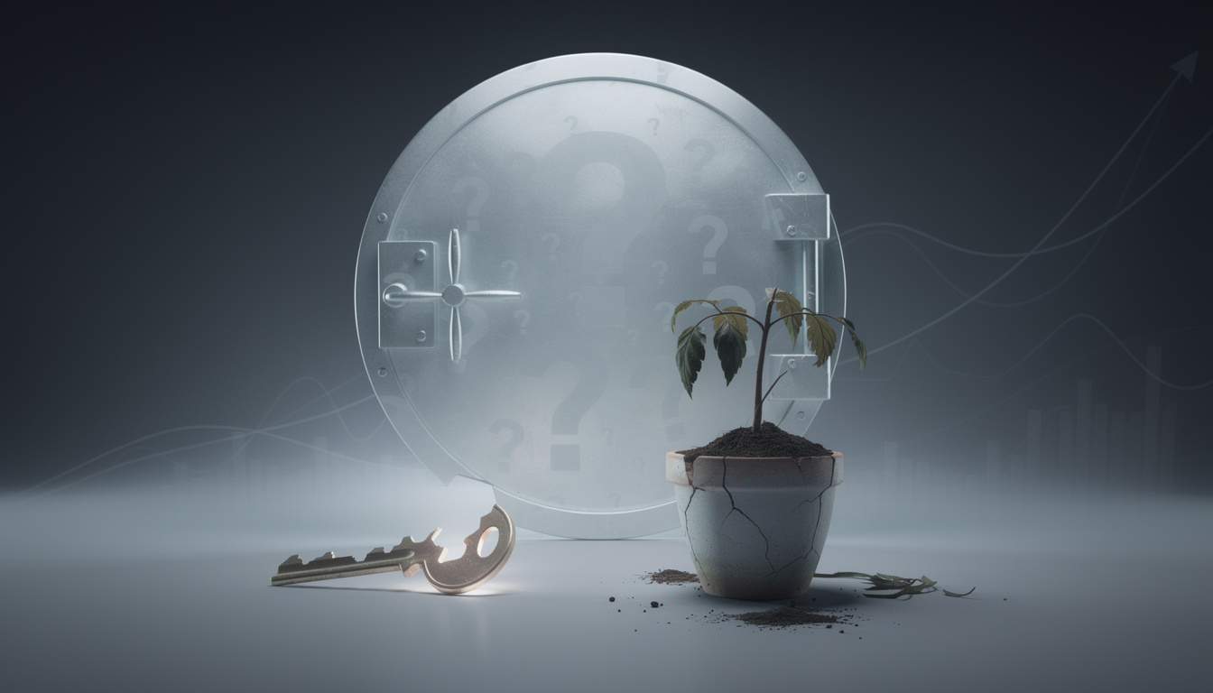 Абстрактная иллюстрация с закрытым сейфом и увядшим растением, символизирующая трудности получения кредита без подтверждения дохода.