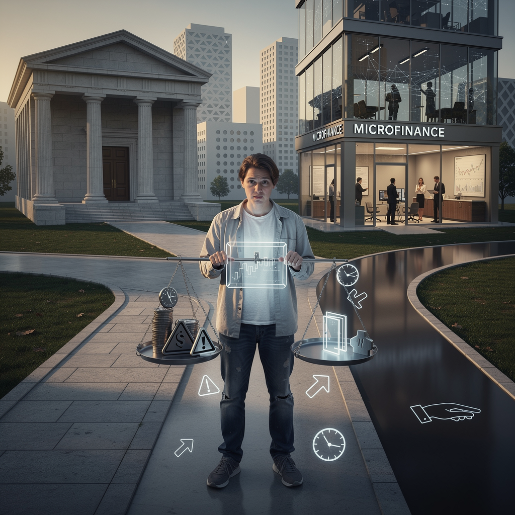 Человек стоит на перекрестке, сравнивая три пути: банк, МФО и брокера, держа в руках весы выбора.