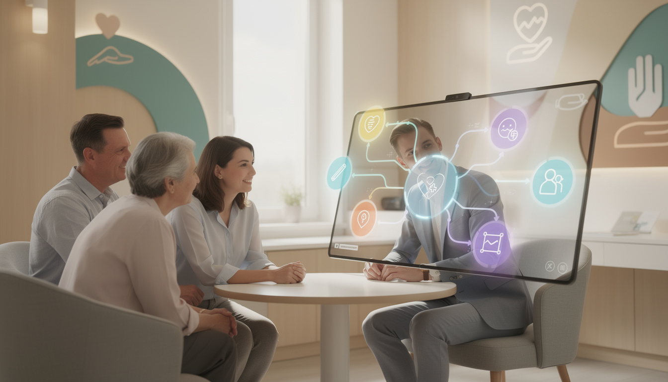 Финансовый консультант объясняет пациентам варианты финансирования лечения с помощью наглядной схемы.