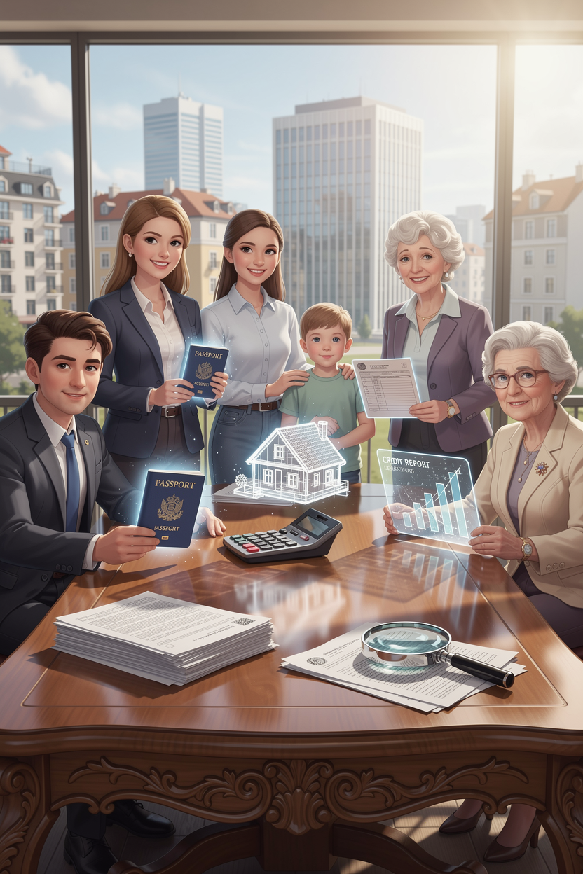 Группа людей в офисе проверяет документы для получения кредита на фоне городского пейзажа.