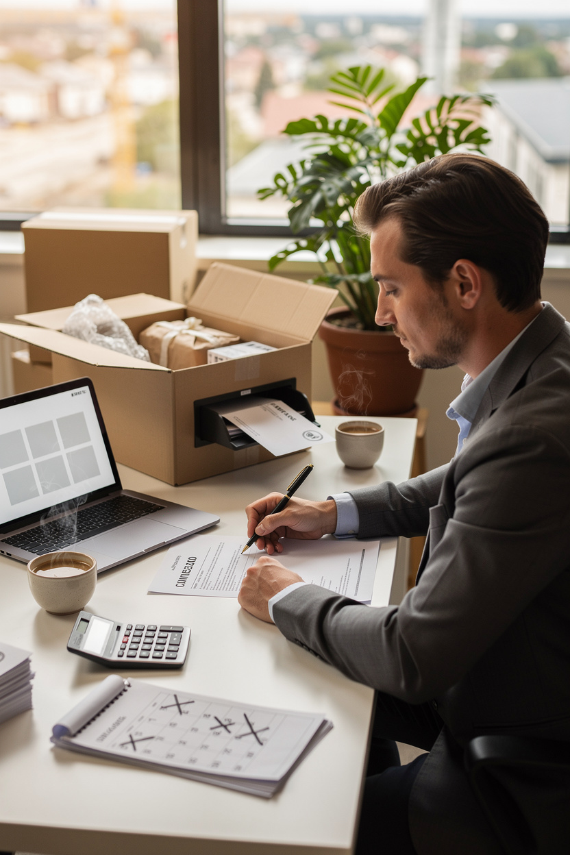 Человек оформляет финансовые и юридические документы на рабочем столе, символизируя переезд и избегание проблем.