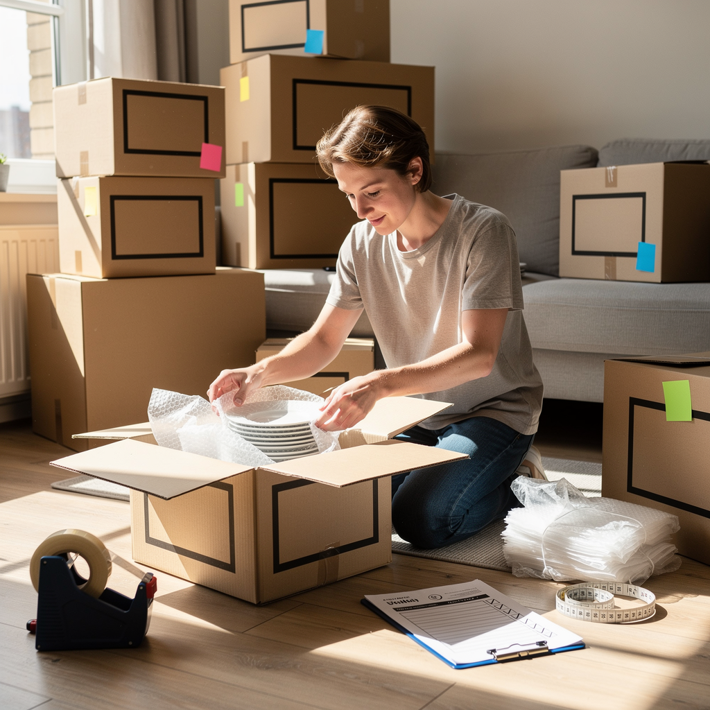 Человек аккуратно упаковывает посуду в коробку во время организованного переезда.