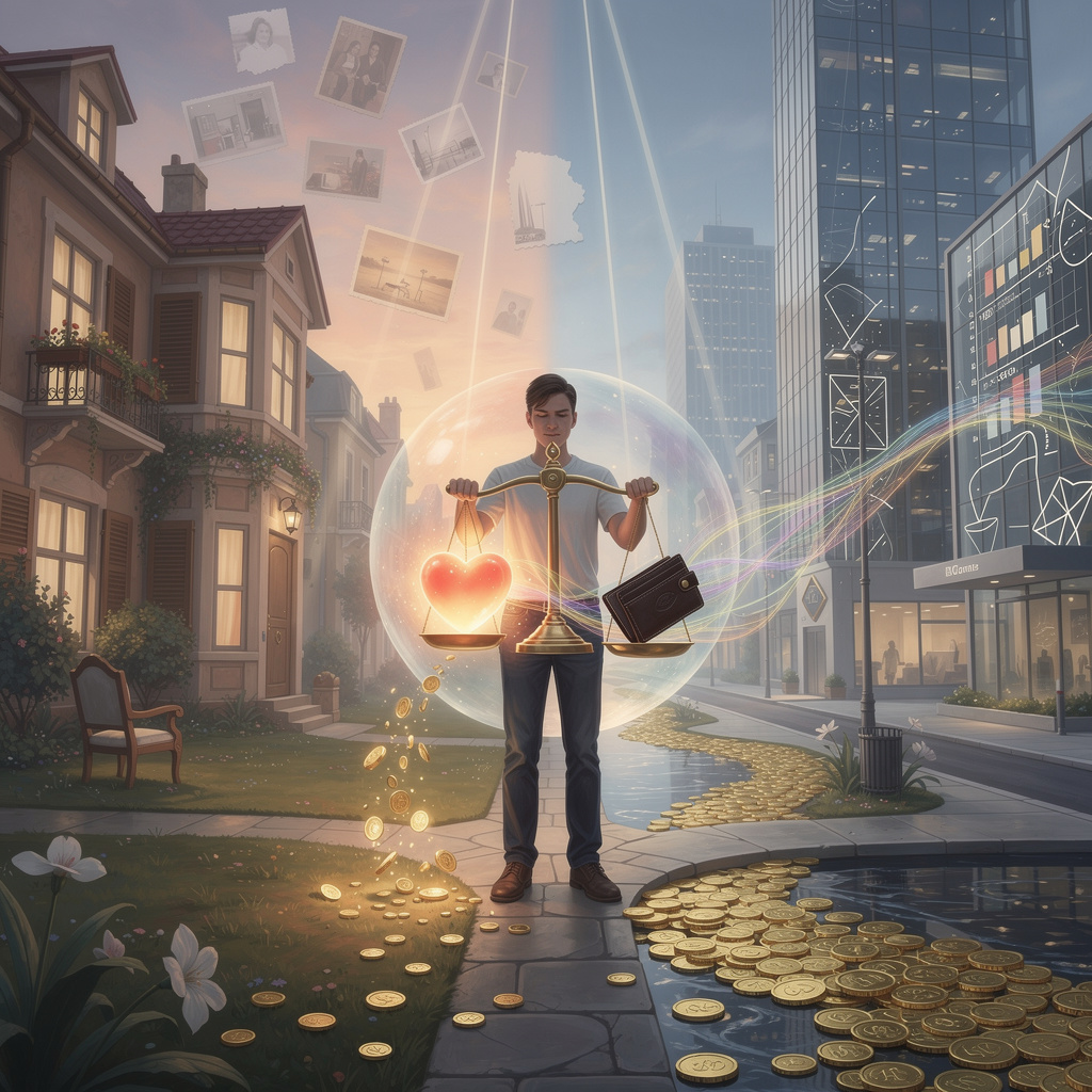 Человек на перекрестке старого и нового города, держащий весы с сердцем и кошельком, символизирующие переплетение психологических и финансовых аспектов переезда.