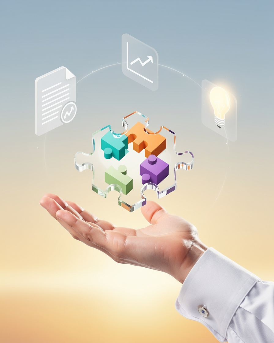 Стилизованная стеклянная деталь пазла с разноцветными фрагментами в уверенной руке на фоне чистого градиентного неба, символизирующая осознанный карьерный рост и надёжность.