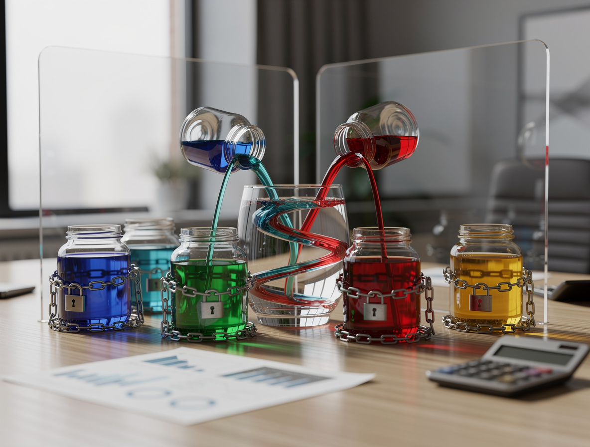 Символичное изображение консолидации кредитов: разноцветные жидкости в стеклянных банках, некоторые объединяются в большую ёмкость, другие остаются отдельно с барьерами, на фоне офисного стола.