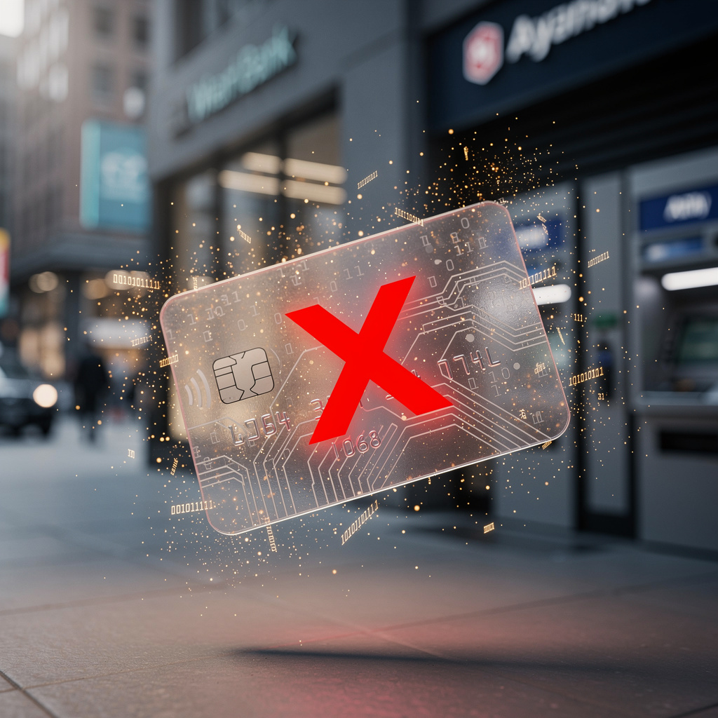 Заблокированная банковская карта в городской среде с символами цифровой безопасности