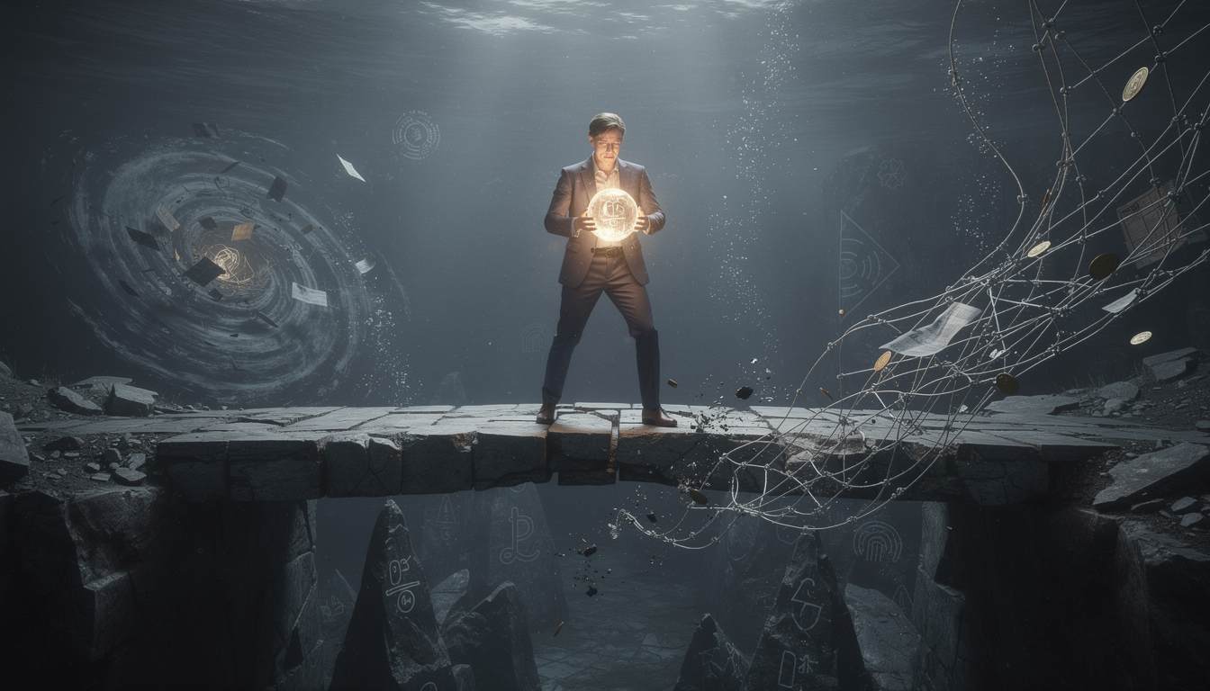 Человек осторожно пересекает опасный подводный мост, символизирующий риски при объединении кредитов.