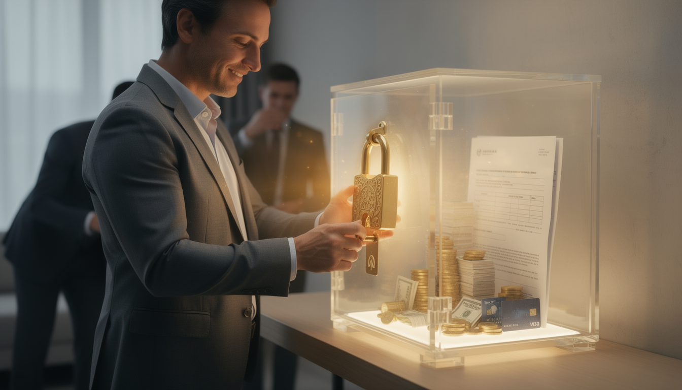 Человек ставит золотой замок на прозрачный сейф с символами денег и кредитов, защищаясь от перекредитования.