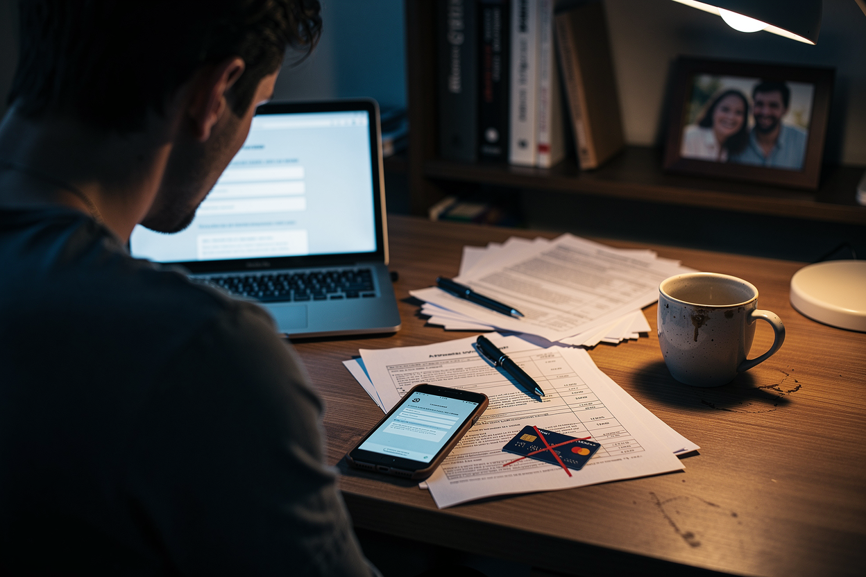 Человек в домашнем офисе за столом с документами, смартфоном и кредитной картой, символизируя сложности получения займа на чужую карту.