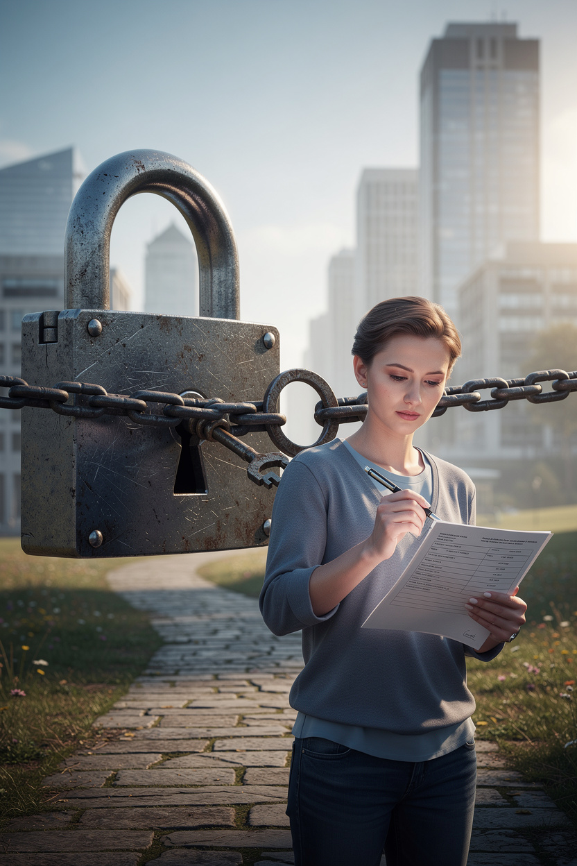 Человек на распутье с ключом и документом, снимающий символический замок с цепями на фоне финансового района.