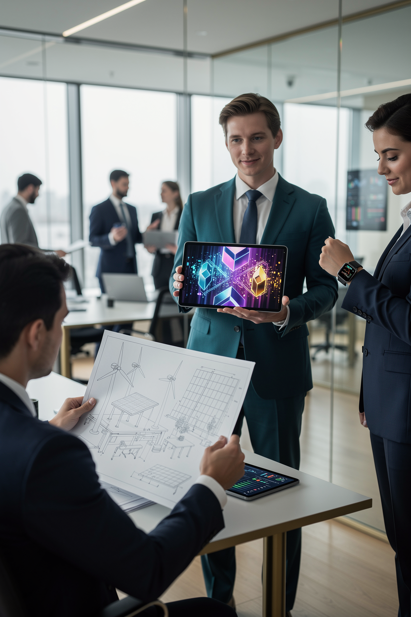 Люди демонстрируют альтернативные символы финансовой надёжности, такие как цифровые активы и проектные планы, в современном офисе.