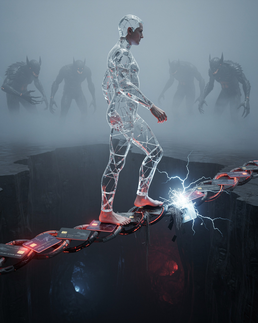 Символическое изображение финансового риска: хрупкая стеклянная фигура на канате из кредитных карт над пропастью.