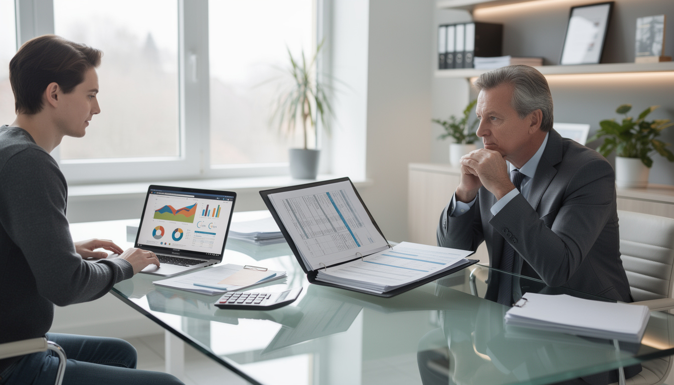 Самозанятый профессионал уверенно представляет документы для одобрения кредита в современном офисе банка.