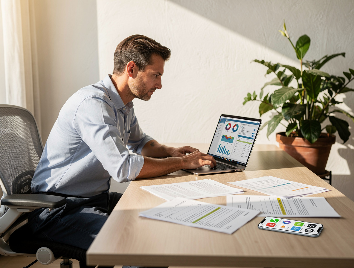 Человек планирует финансы за рабочим столом, демонстрируя подготовку к займу при нестабильном доходе.