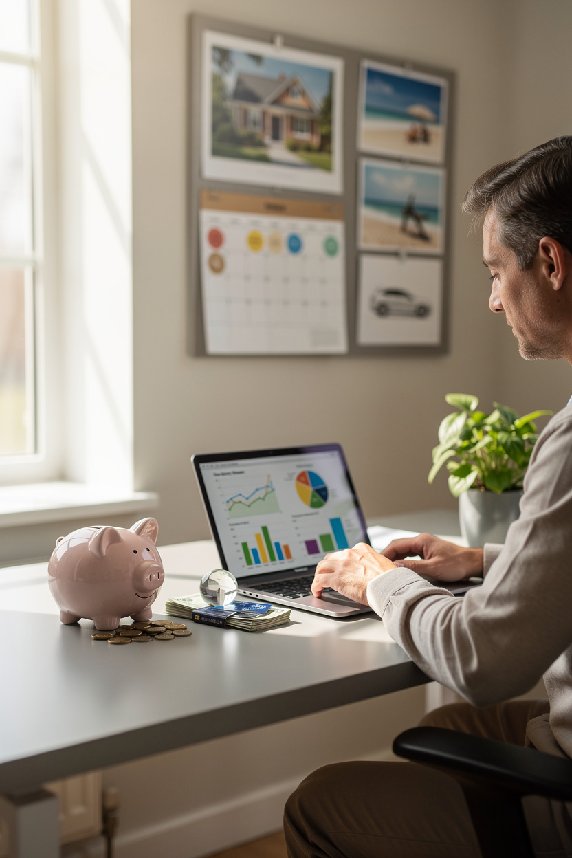 Человек за столом контролирует финансы с помощью планшета, окружён символами сбережений и планирования в уютной комнате.
