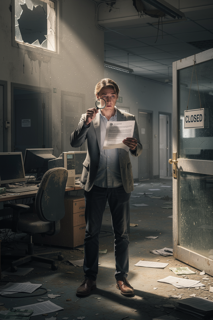 Человек изучает документ в заброшенном офисе, символизируя защиту прав заемщика после закрытия МФО.