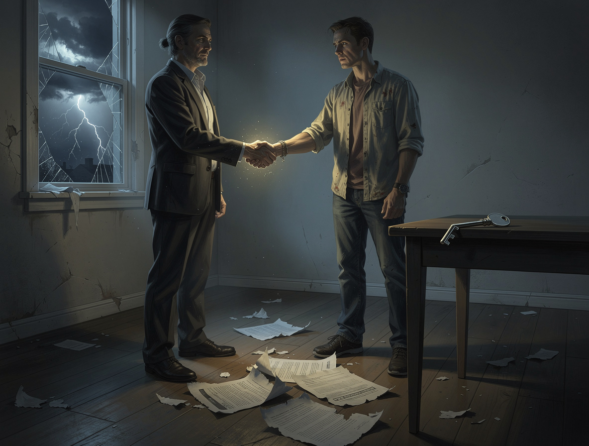 Рукопожатие в полумраке комнаты, символизирующее неформальную аренду с элементами риска и юридической неопределённости.