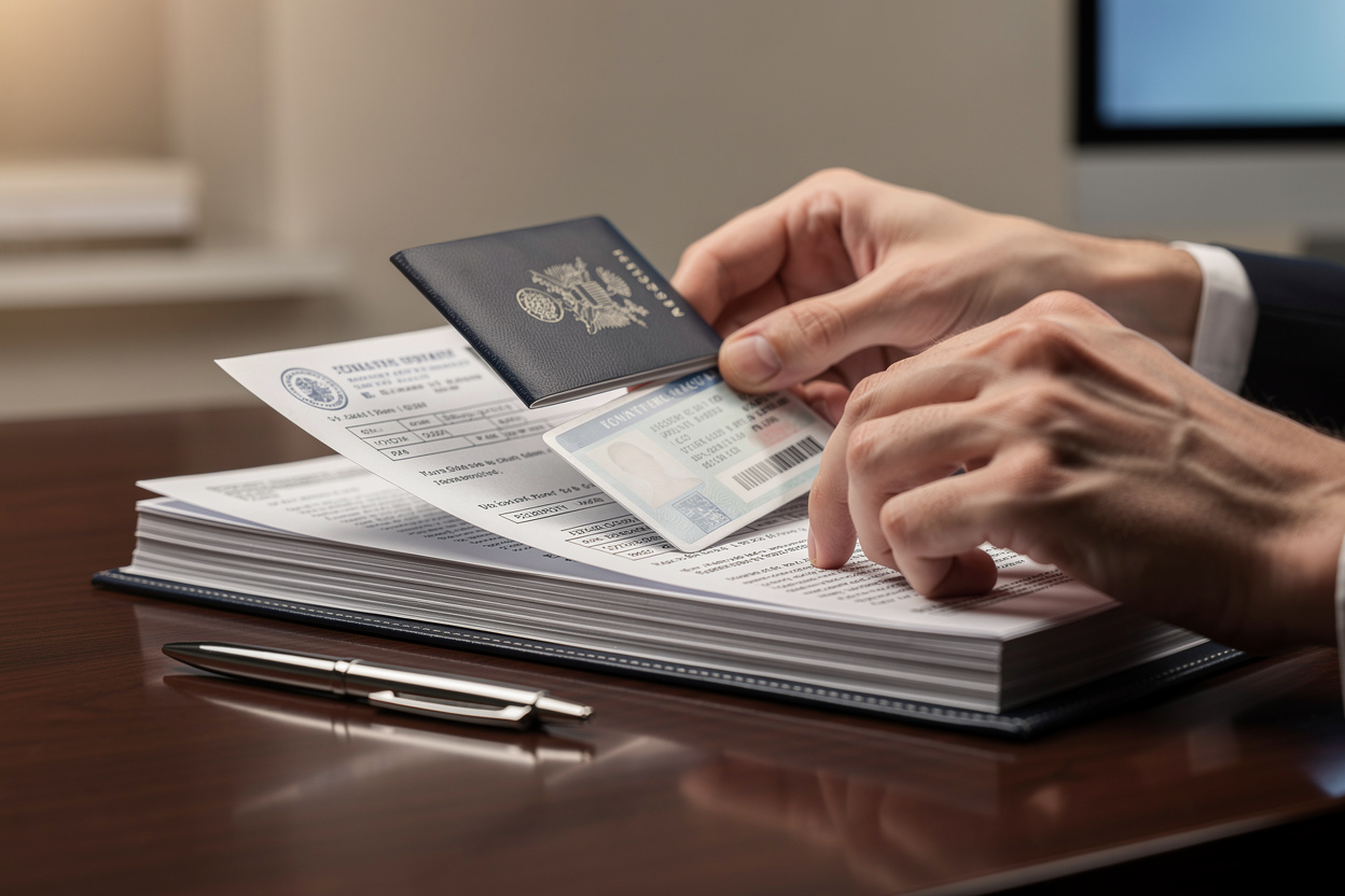 Руки человека аккуратно раскладывают документы для займа на столе в офисе