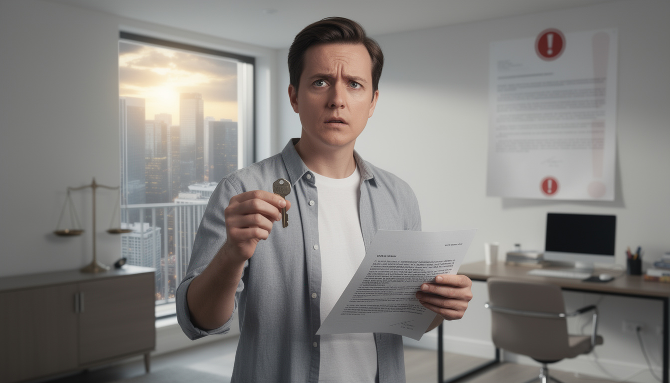 Человек в современной квартире держит ключ и юридический документ, символизируя правовые риски собственника жилья.