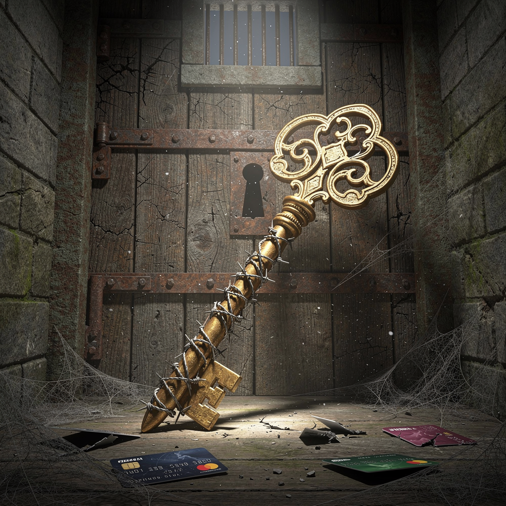 Золотой ключ из колючей проволоки в запертой двери, окружённый разбросанными кредитными картами в пыльном коридоре.