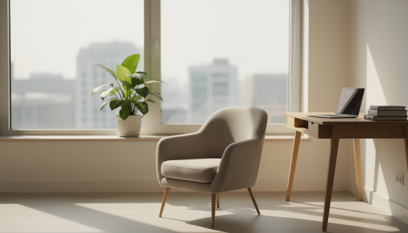 Уютная современная квартира с видом на город, символизирующая безвозмездную и бессрочную аренду как стабильную альтернативу.