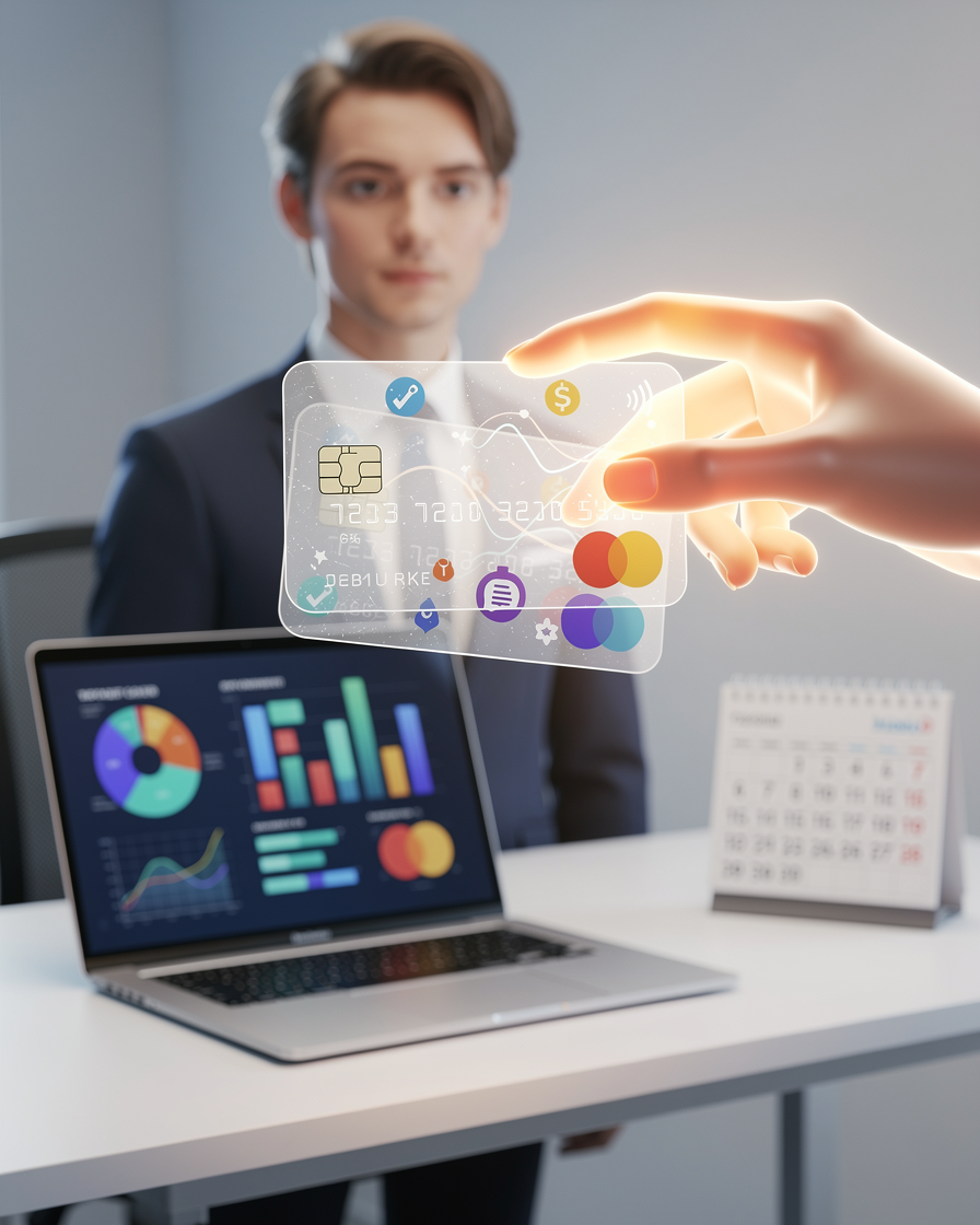 Иллюстрация процесса рефинансирования кредитной карты: человек преобразует сложную многослойную карту в простую, символизируя упрощение финансов.