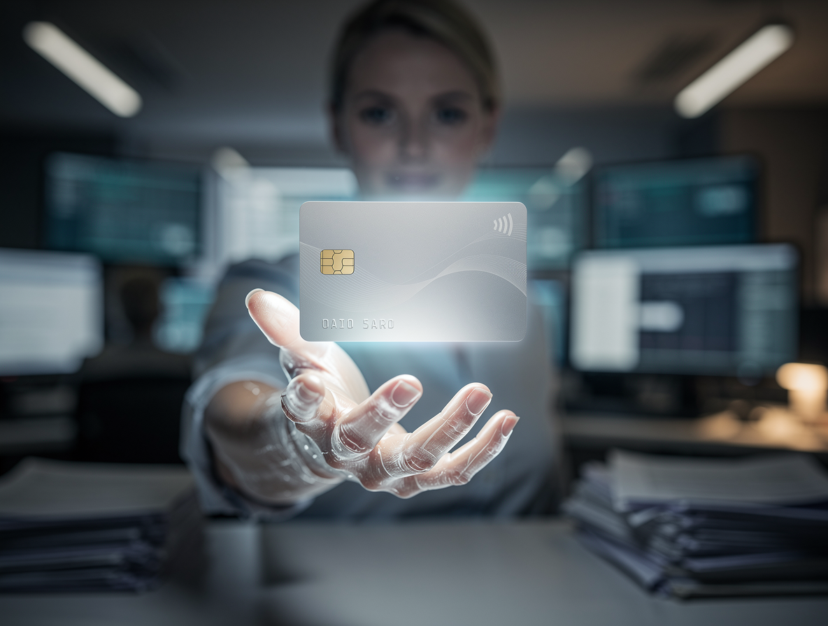 Рука тянется к банковской карте, за которой виден силуэт другого человека, символизируя сомнительность займа на чужую карту.