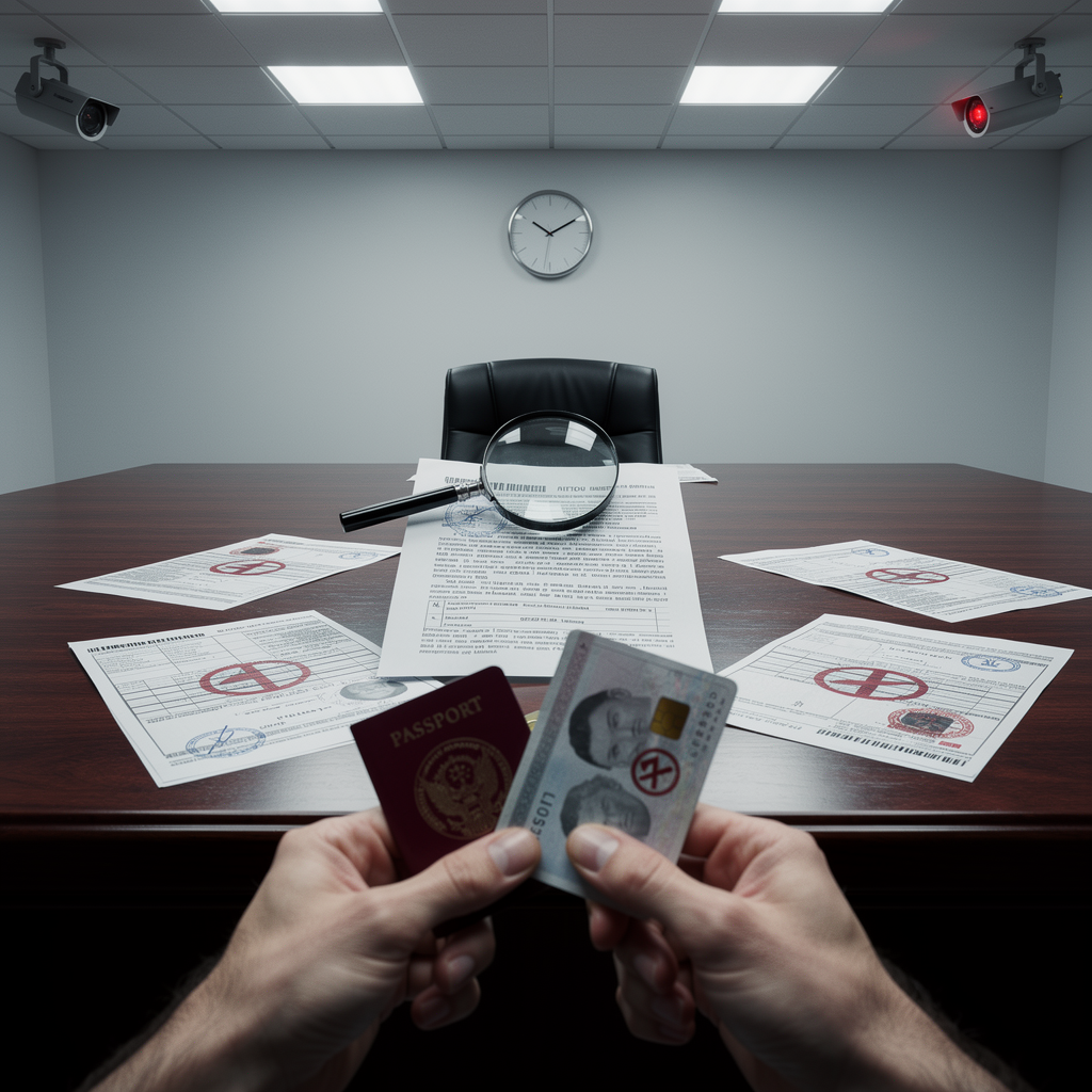 Руки человека в офисе банка с паспортом и чужой картой на столе с документами, отмеченными как отклонённые, под наблюдением камеры.