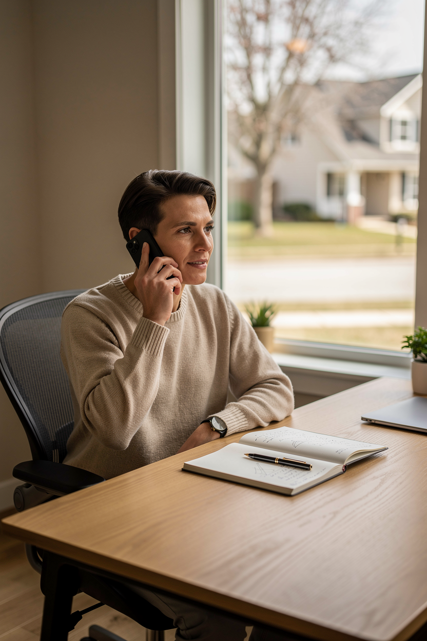 Человек уверенно ведет переговоры по телефону с коллекторами в домашнем офисе