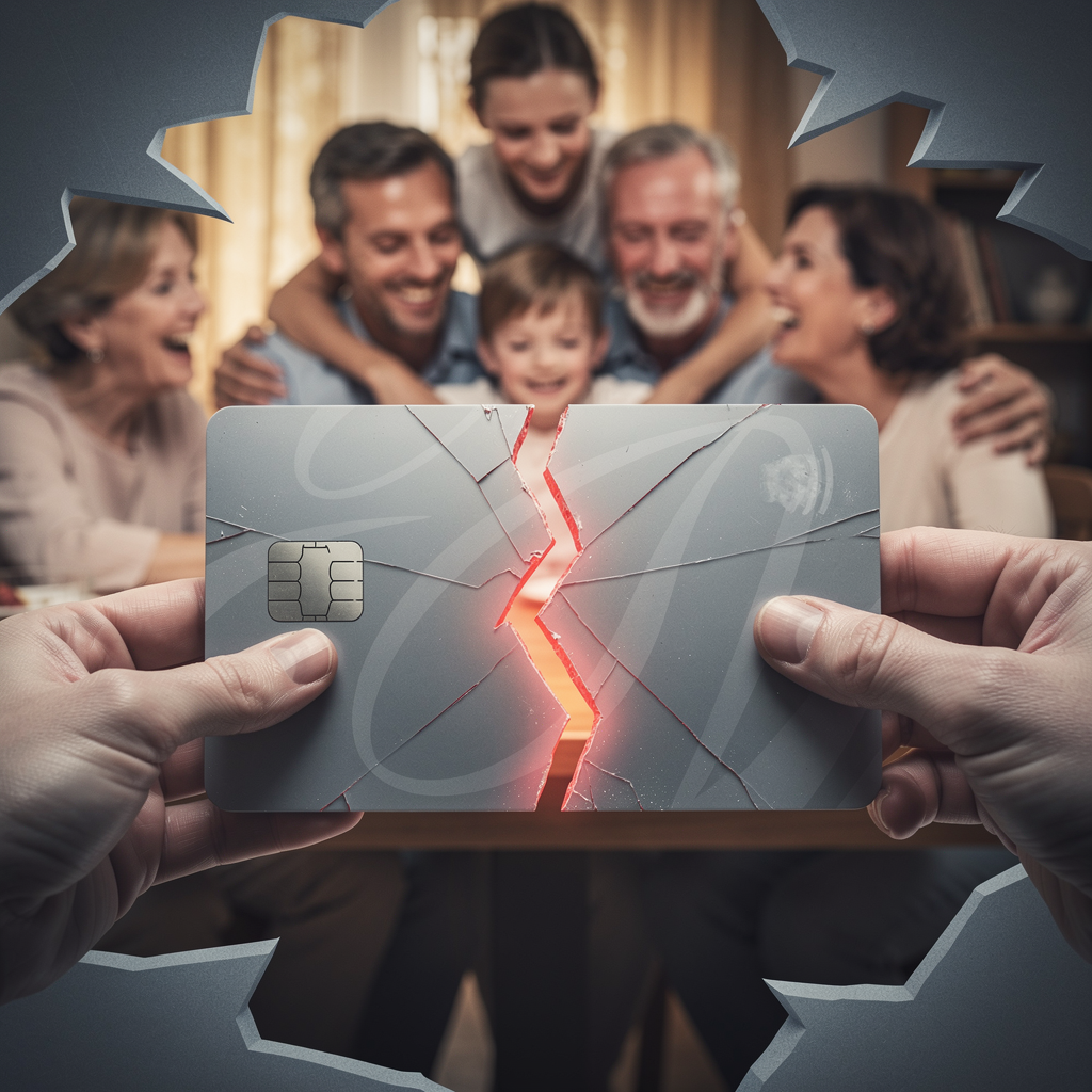 Символическая иллюстрация треснувшей кредитной карты, удерживаемой двумя руками, на фоне размытой семейной сцены, передающая напряжение и риски займа у родственника.