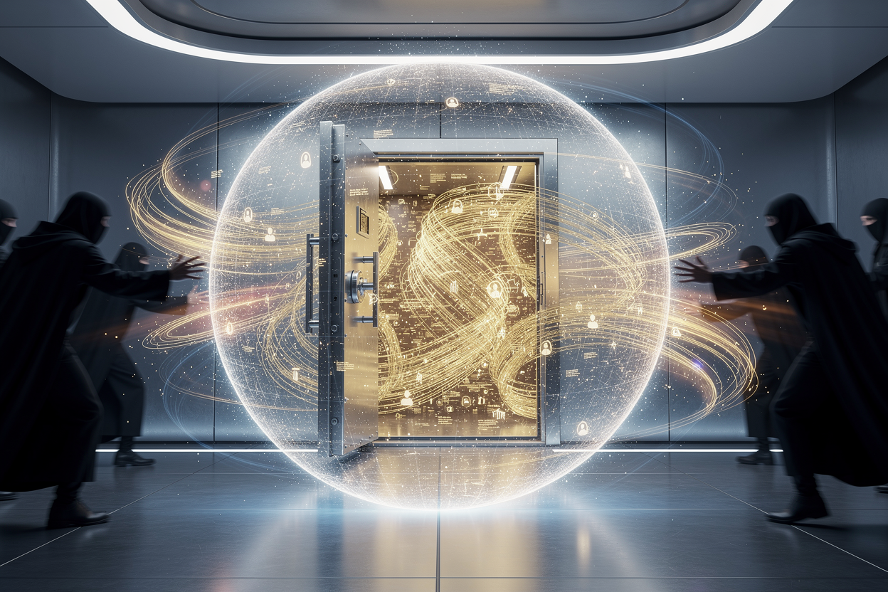 Цифровой сейф с защитным щитом, охраняющий персональные данные от мошенников.