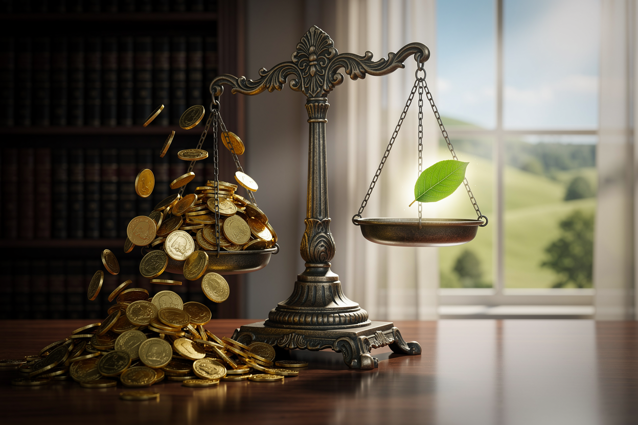 Античные весы с монетами и листом на фоне книг и окна, символизирующие юридическое списание долгов.