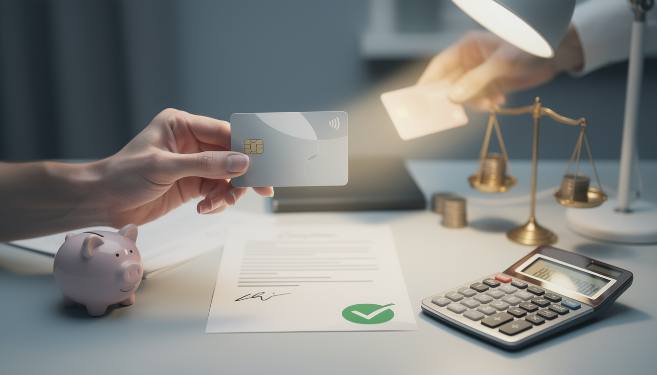 Концептуальное изображение финансовых альтернатив: рука держит собственную банковскую карту на столе, окружённую символами законных решений, на фоне уходящей тени чужой карты.