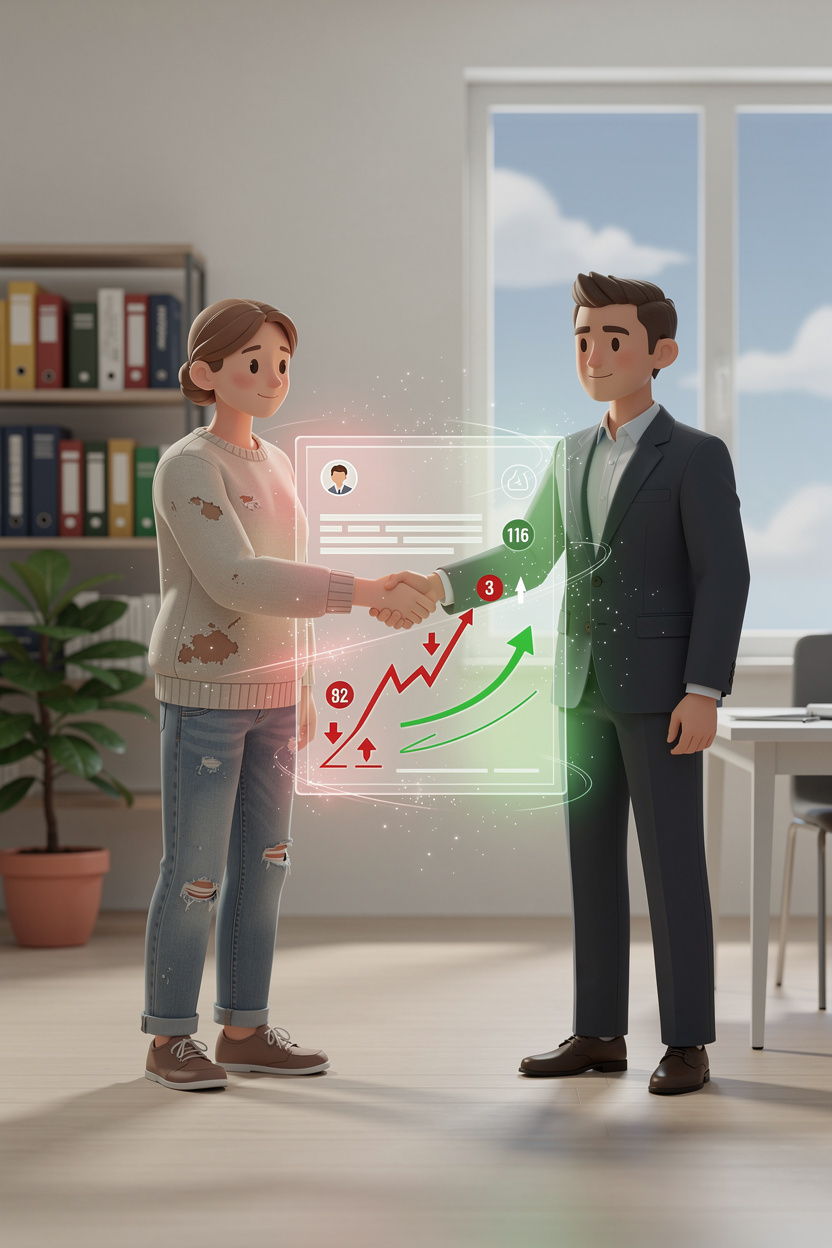 Символическое изображение досудебного соглашения о пересмотре условий займа между заёмщиком и микрофинансовой организацией в офисе.