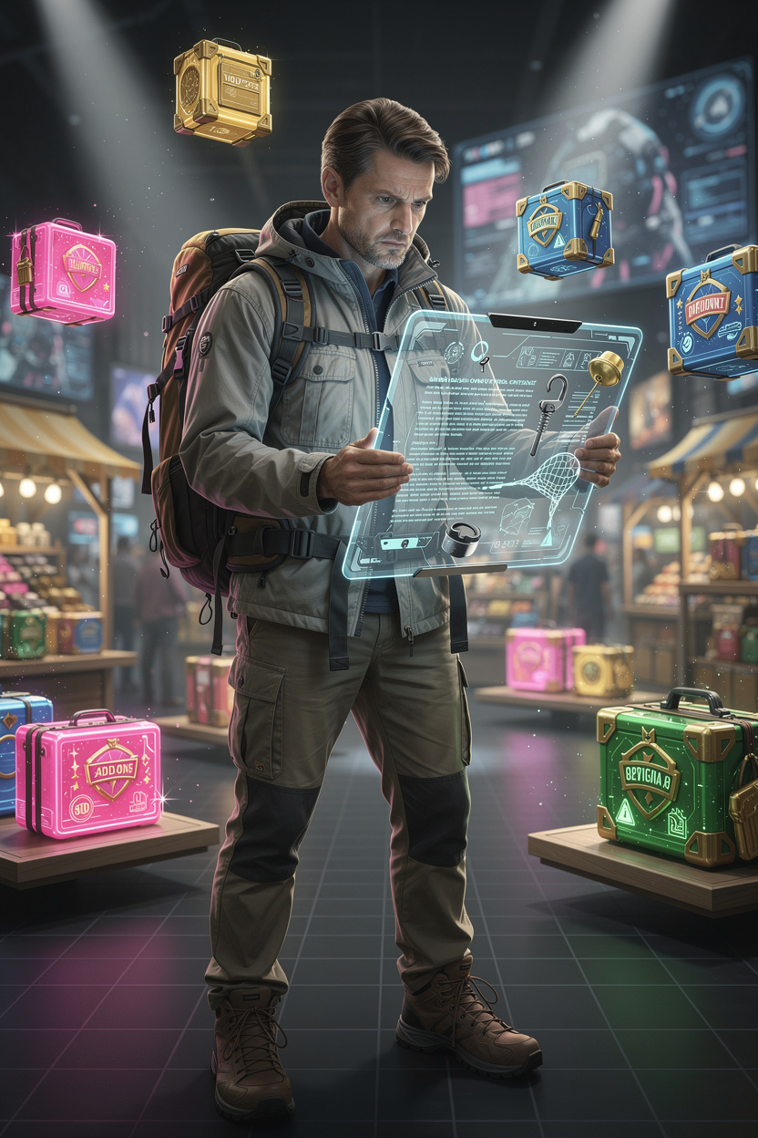 Исследователь внимательно изучает сложный договор с подвохами, игнорируя соблазнительные опции на фоне цифрового рынка.