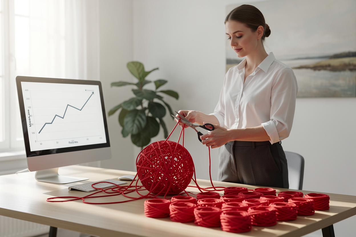 Человек в офисе аккуратно разбирает клубок красных ниток, символизирующих долг, превращая их в аккуратные мотки, чтобы снизить ежемесячные платежи.