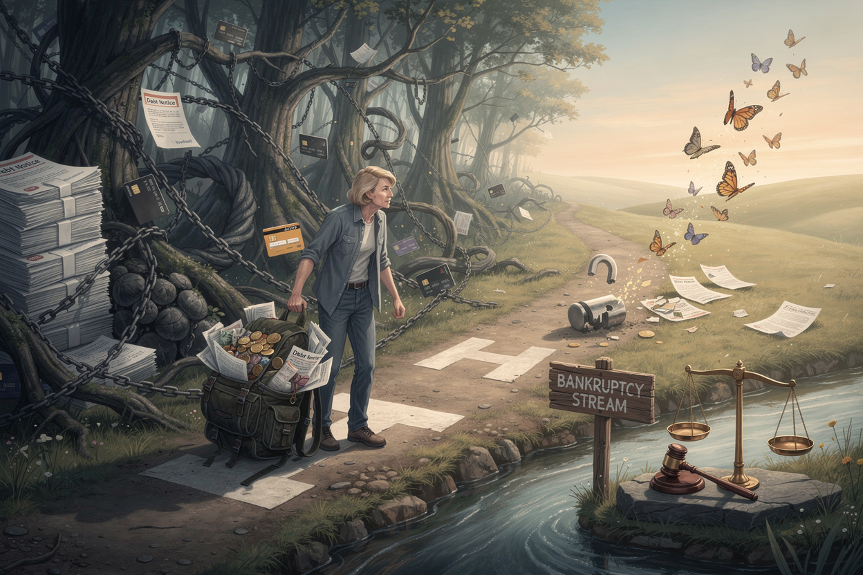 Человек на распутье между долговой тюрьмой и освобождением через банкротство.