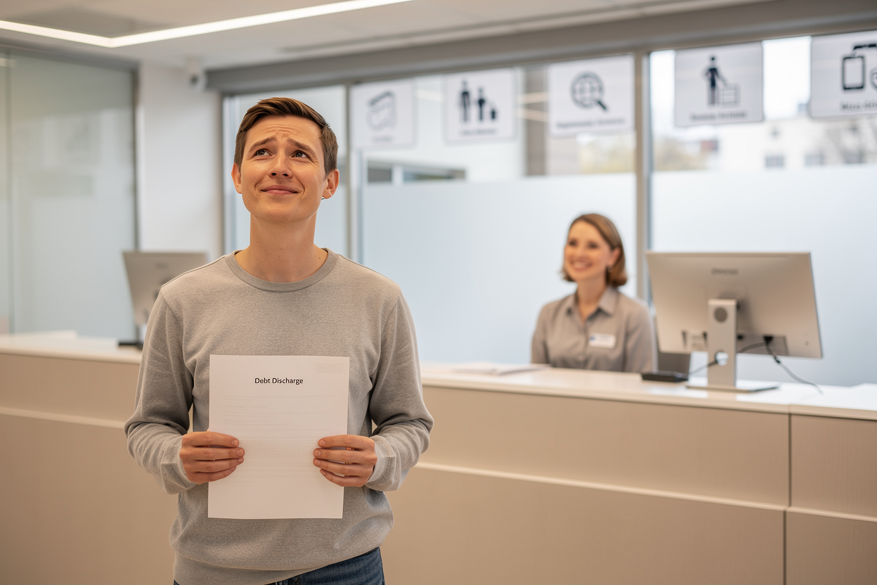 Человек в современном МФЦ с облегчённым выражением лица держит документ об упрощённой процедуре банкротства.