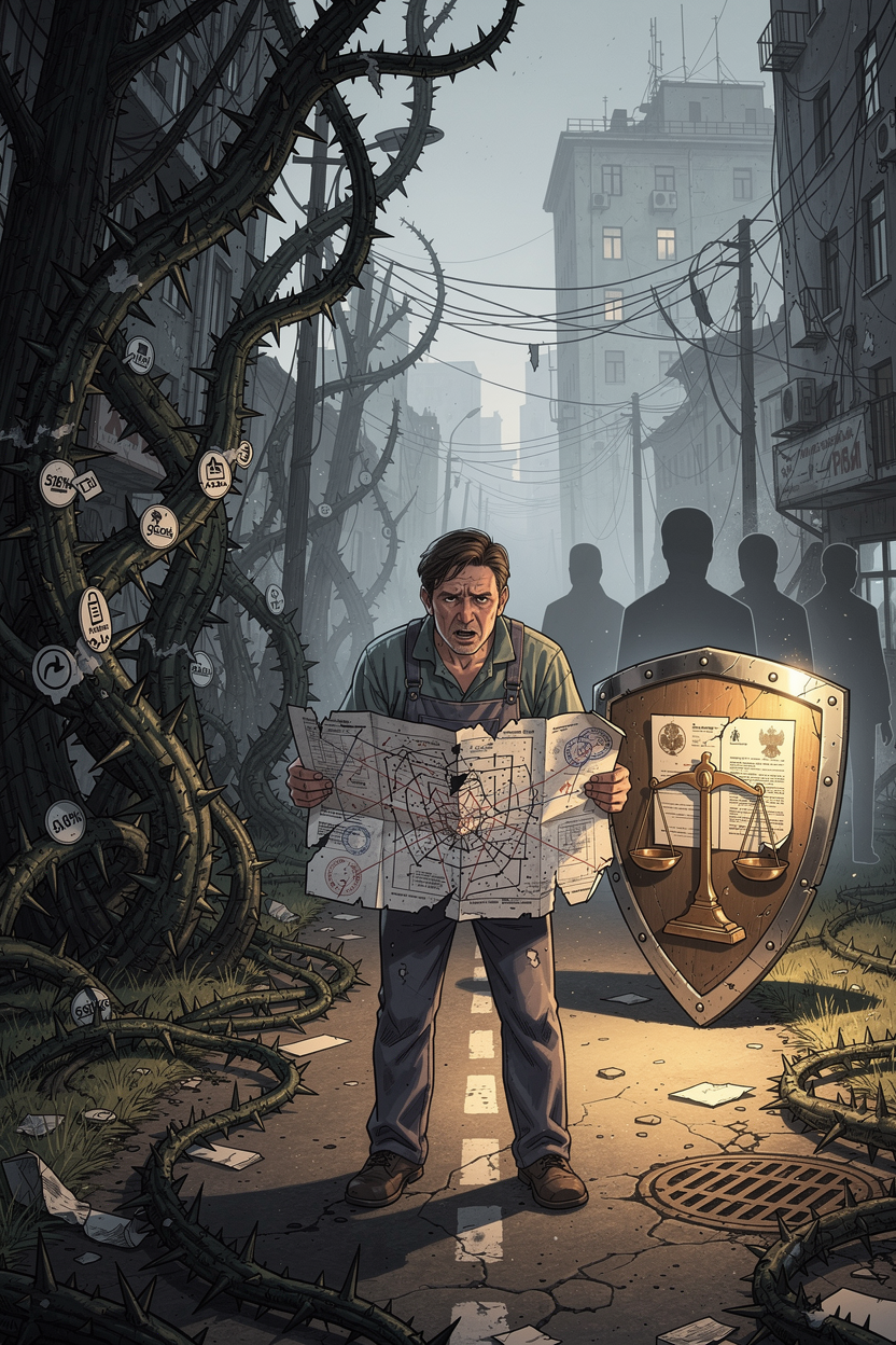 Метафорическое изображение мигранта на перепутье между растущим долгом в виде колючих лоз и защитой прав в виде щита с юридическими символами.