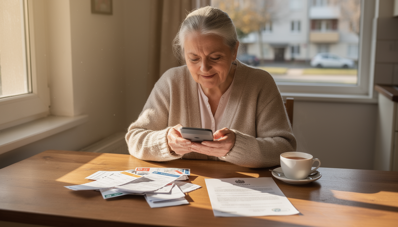 Пожилая женщина с облегчением рассматривает документ о субсидии на оплату ЖКХ на кухне.