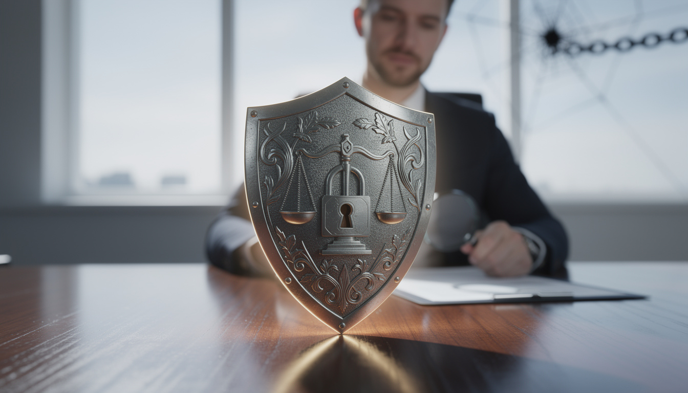 Символический щит с весами правосудия и замком на столе в офисе, символизирующий юридическую защиту от мошенничества.
