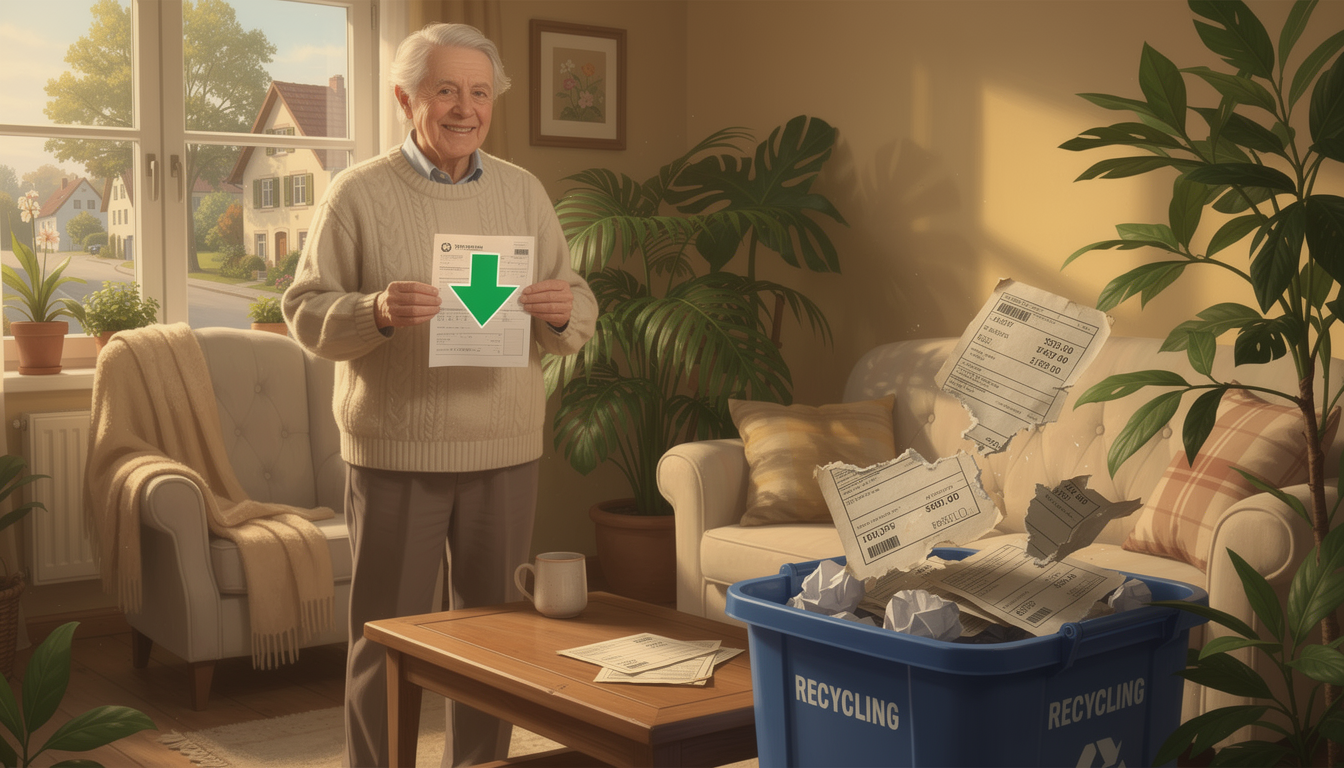 Пожилой человек с облегчением рассматривает уменьшенный счёт за ЖКХ в уютном доме.