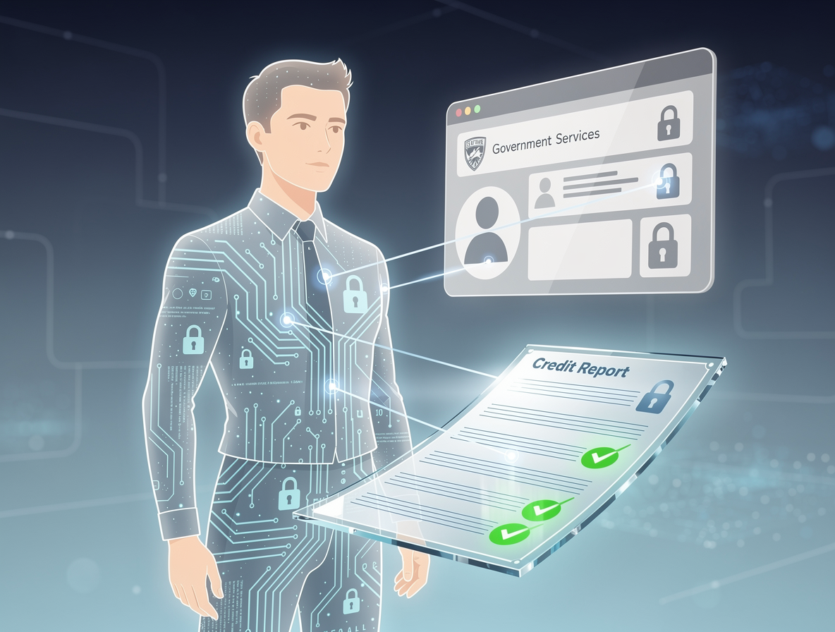 Человек проверяет кредитную историю через цифровой портал Госуслуги в безопасной и современной обстановке.