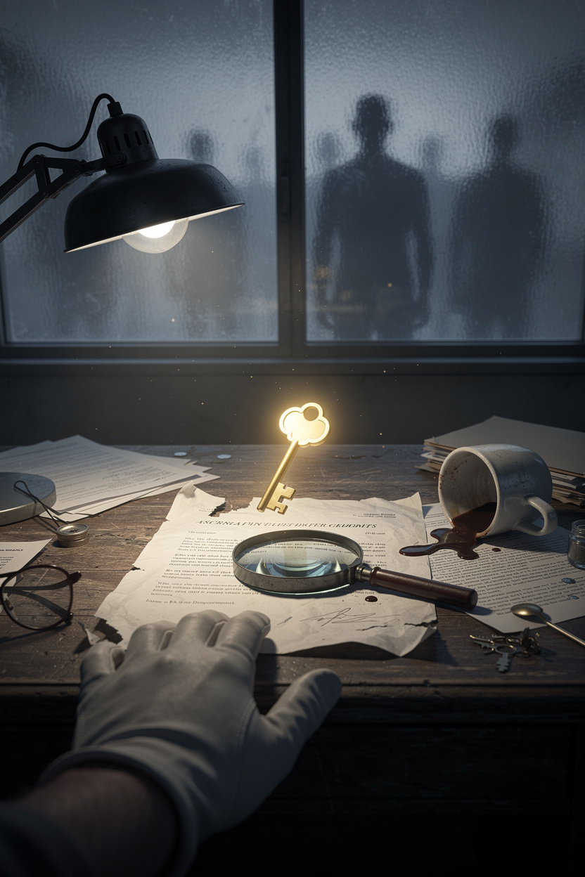 Рука в перчатке тянется к светящемуся ключу над порванным кредитным договором в темном офисе, символизируя борьбу с мошенничеством.