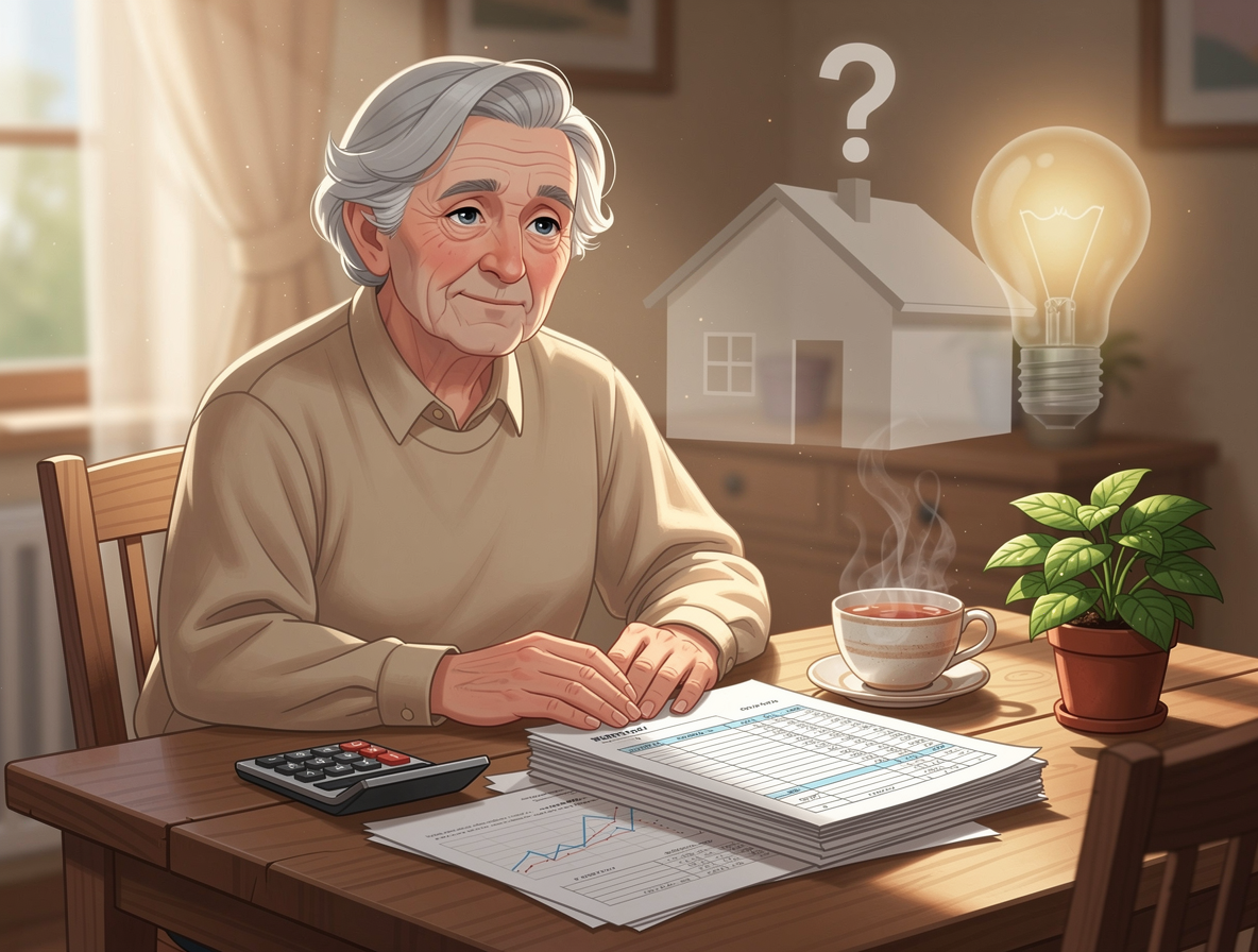 Пожилой человек за столом с финансовыми документами, символизирующий поиск решений денежных вопросов.