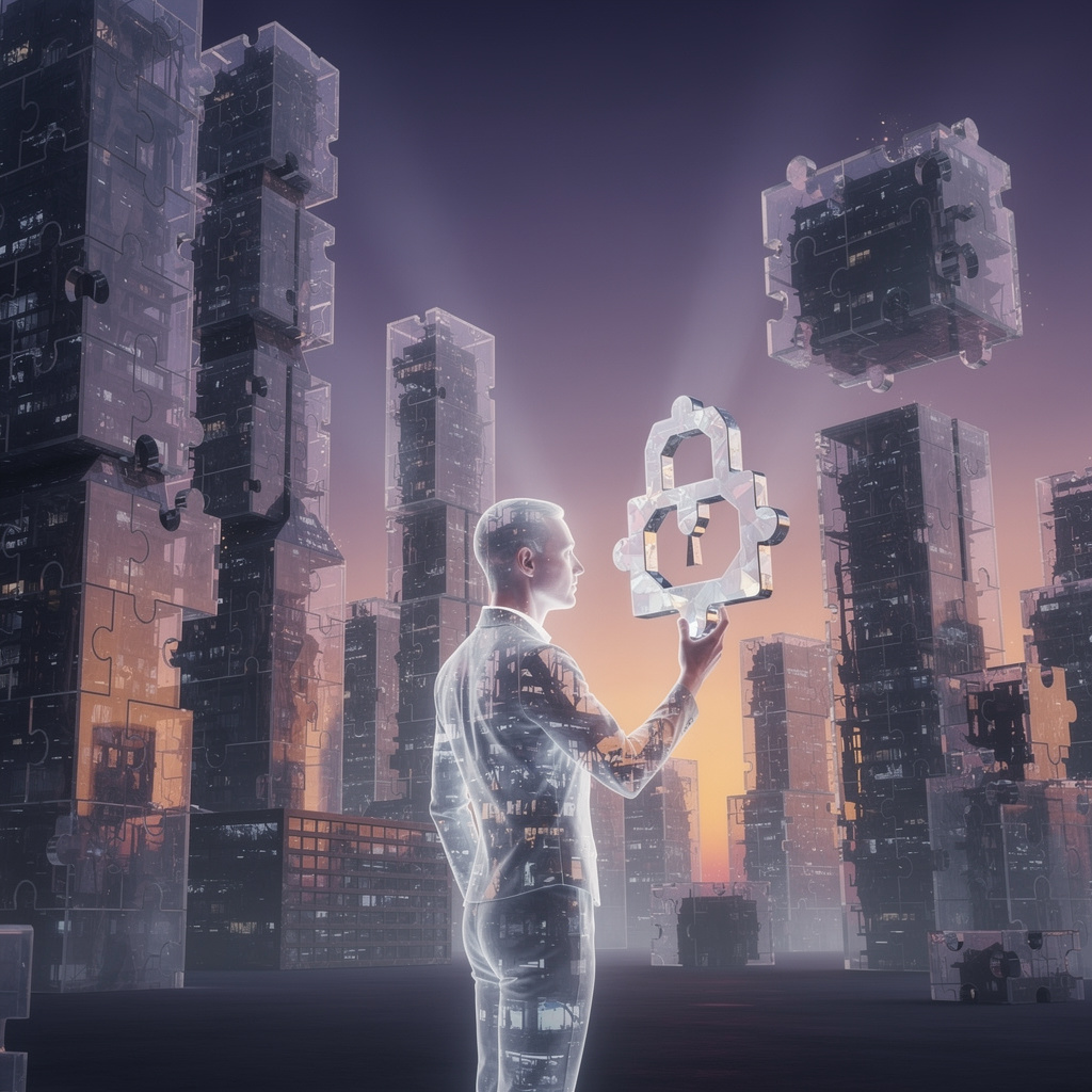 Абстрактный город из пазлов и прозрачных материалов с фигурой из света, открывающей геометрический замок, символизирующий доступ к займам без стандартных требований.